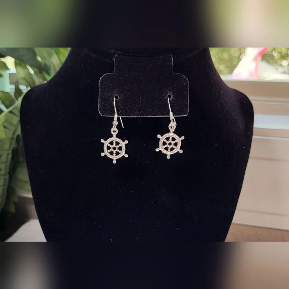 Nautical Silver Ship Wheel Statement Dangle Earrings / Pierced - Picture 4 of 5